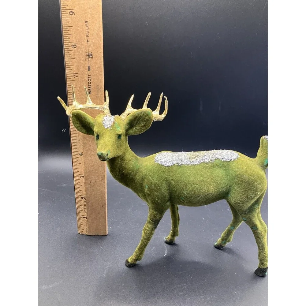 Vintage Green Reindeer Flocked Deer Christmas MCM 6” Decor Sparkly